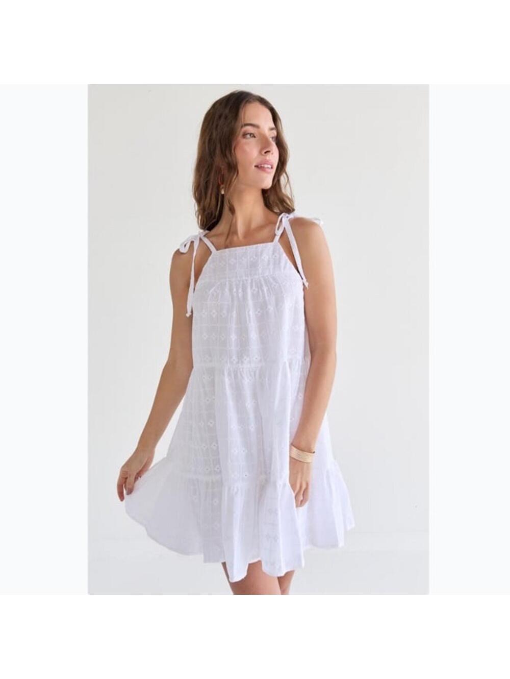 New - Robyn Tie Strap Embroidered Mini Swing Dress - Medium